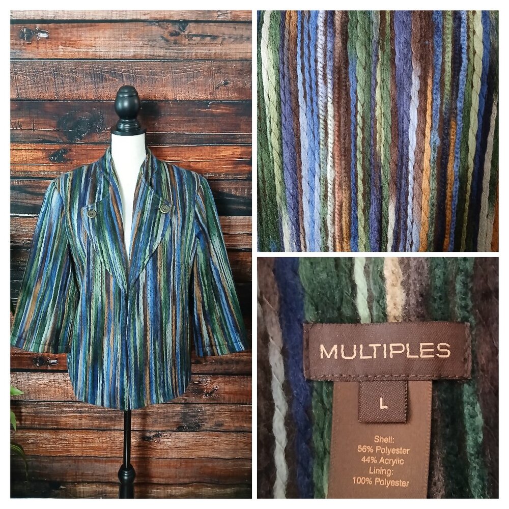 Multiples Vintage Jacket Large Woven Multicolor Yarn Stripes 3/4 Sleeve Boho Art